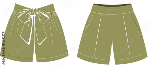 Olive green women’s shorts with oversized bow tie front and pleated design, fashion flat sketch showing front and back views