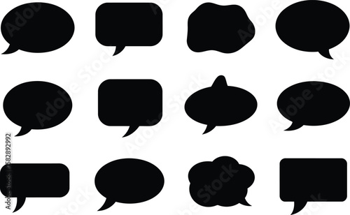 set of fifteen black speech bubble silhouettes in varied shapes for use in comics, dialogue design, or graphic compositions