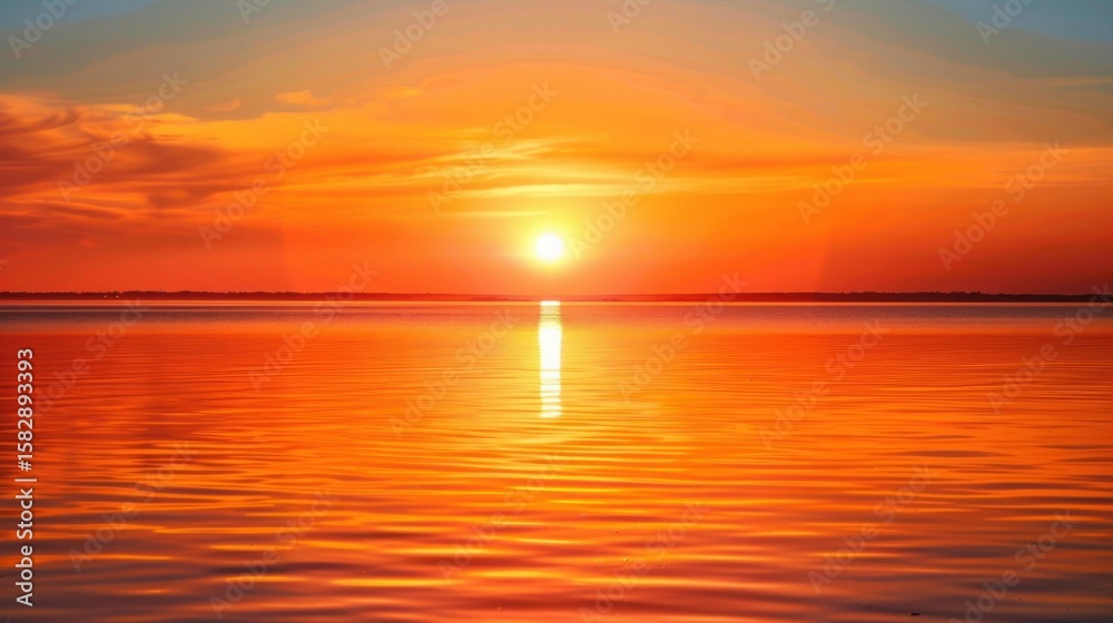 Fototapeta premium Beautiful orange sunset over calm water stock photo --ar 16:9 --raw --v 6 Job ID: c4eba837-d9c6-4993-98e5-775d52d9a2de