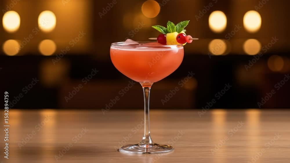 Red cocktail in glass with fruit garnish on wooden bar blurred lights background