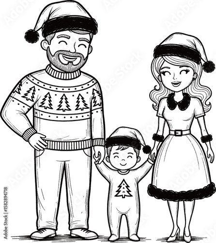 A monochrome, chalk-style illustration of a happy family of three  father, mother, and child – all wearing Santa hats and festive Christmas attire, smiling together