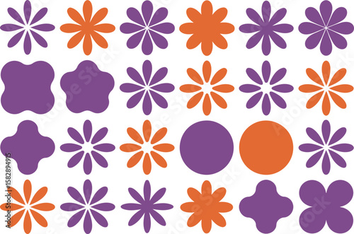 set of purple and orange abstract shapes including flowers, circles, and rounded squares arranged in decorative grid pattern