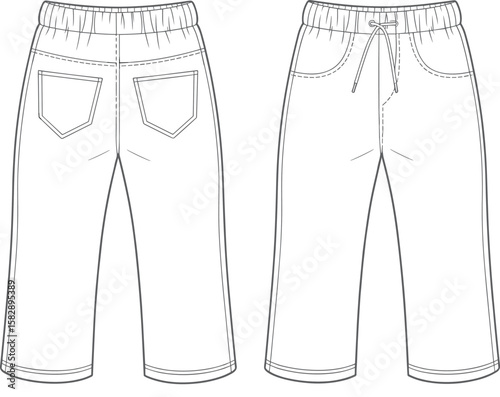 Front and back technical flat sketch of kids jogger pants with drawstring waist, patch pockets, elastic waistband, and stitch details.