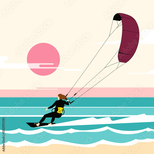 Sunset Kitesurfing Adventure – Rider Gliding Across Ocean Waves
