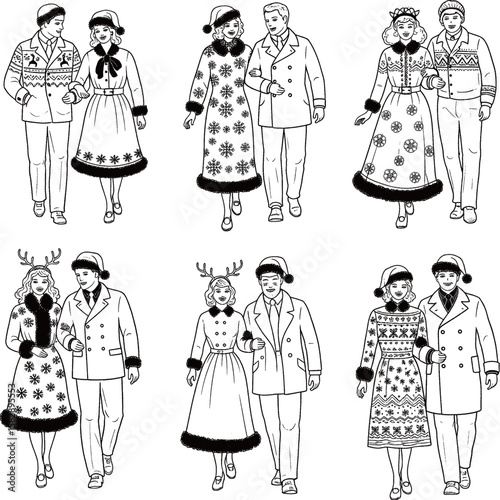 A set of six monochrome, chalk-style illustrations depicting various happy couples dressed in elegant Christmas and winter holiday attire, including Santa hats, festive coats, sweaters, and reindeer a