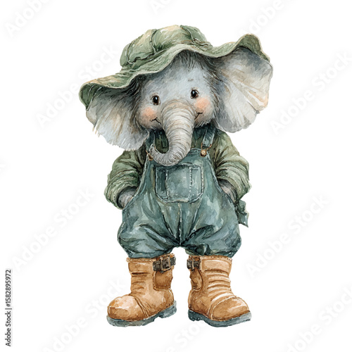 Cute Baby Elephant in Overalls and Hat with Boots – Watercolor Animal Illustration for Kids, isolated with transparent background