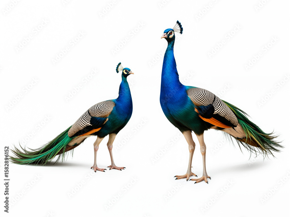 Obraz premium Two peacocks standing together with vibrant feathers against white background 
