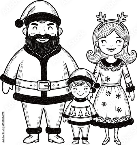 A monochrome, chalk-style illustration of a happy family of three - Santa Claus, a mother with reindeer antlers, and a child in a Christmas sweater - standing together