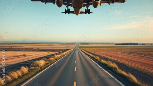 An airplane flies over a long road leading to the horizon