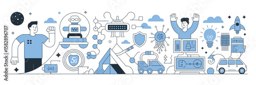 Emerging Future Technologies – Vector Illustration Representing AI, 5G, IoT, AR, VR, Machine Learning, and Industry 4.0 in a Creative, Innovative Tech Design Concept

