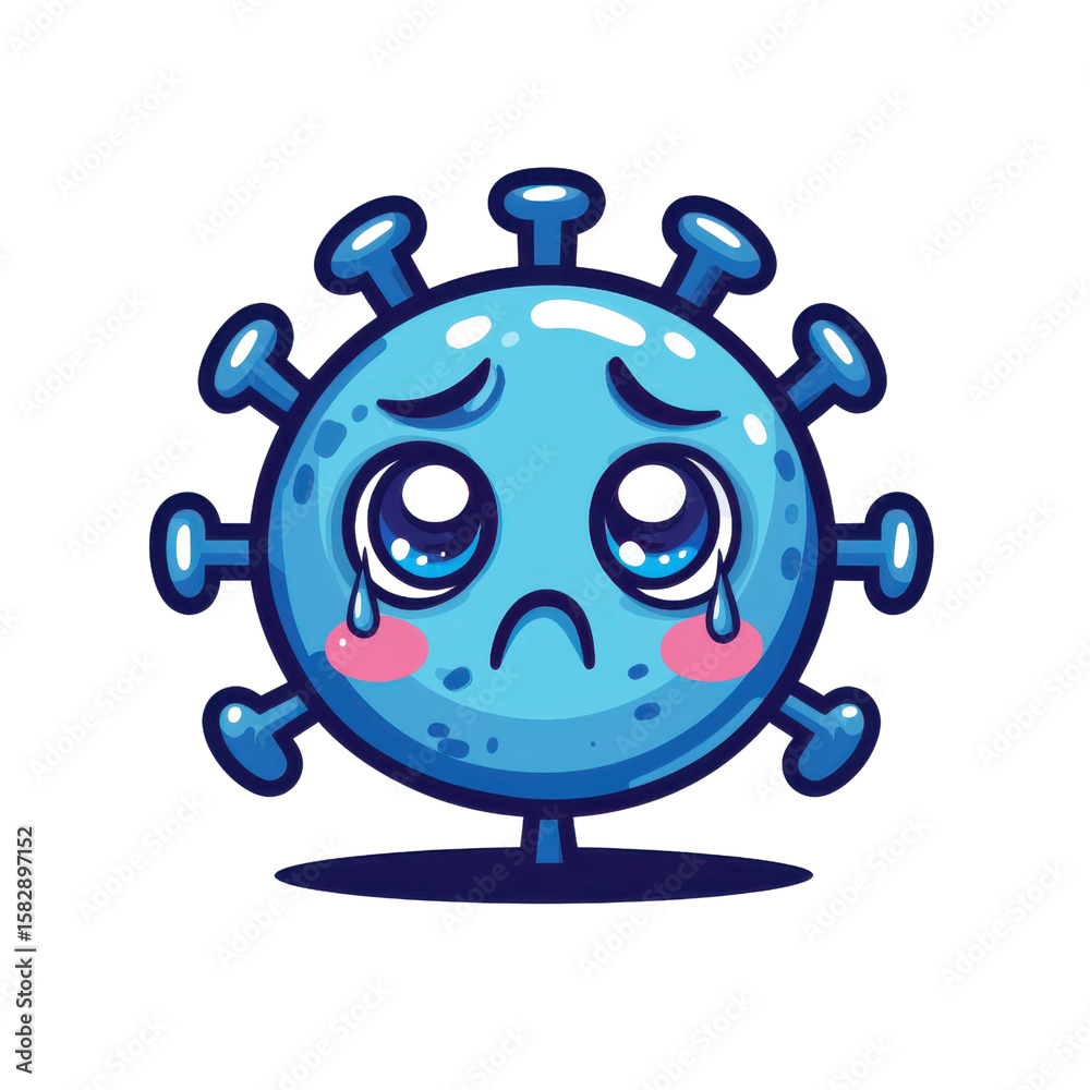 Fototapeta premium Bacteria SAD concept. Sad crying cartoon virus with teardrops, blue color, round shape, emotional expression