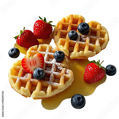 Healthy Gourmet Waffles with Colorful Fruit and Nut Toppings on White Background, Generative AI

