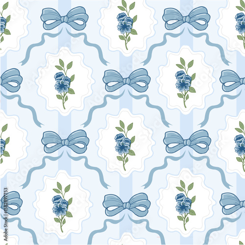 Seamless pattern blue coquette ribbon and blue spring floral with blue and white frame. Cute trendy background.