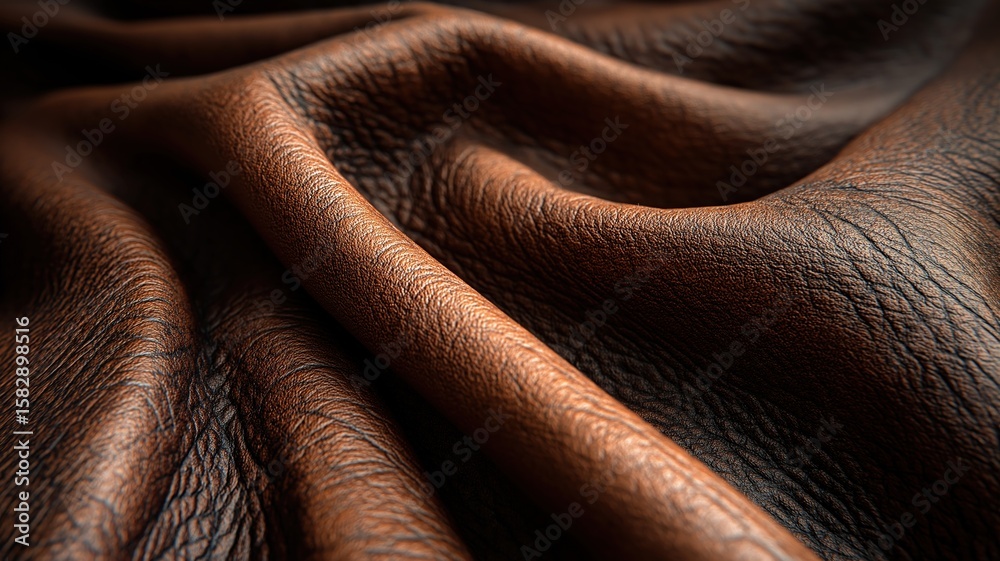 Fototapeta premium Soft brown leather texture with natural wrinkles and visible pores, showing rugged and rich detail in close up. material appears durable and luxurious with warm tones