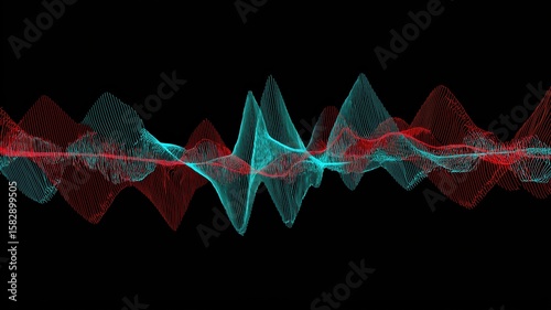 Dynamic sound wave line pattern with sharp peaks in red and blue colors on black background, creating vibrant and energetic visual effect