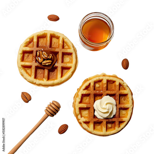 Healthy Gourmet Waffles with Colorful Fruit and Nut Toppings on White Background, Generative AI


