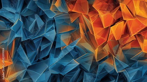 Shattered ice pattern with sharp geometric shapes in blue and orange tones, creating dynamic and vibrant abstract background with clean lines and flat design style