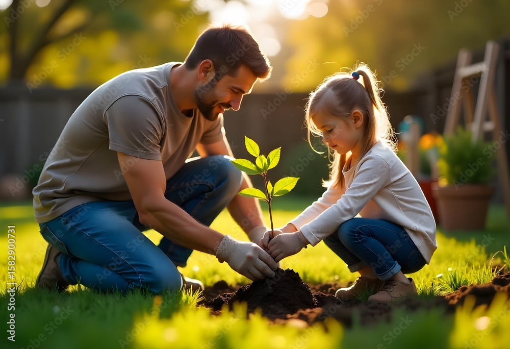 Fototapeta premium father and daughter in the garden planting a sapling together