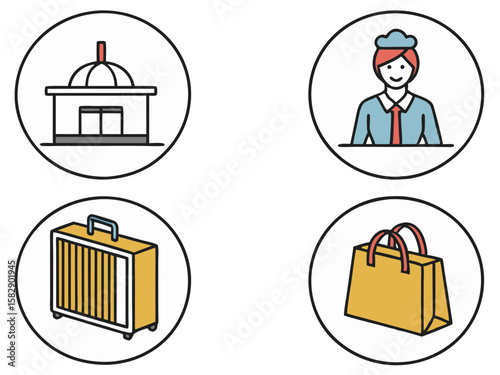 Travel and hospitality icons building staff luggage and shopping bag