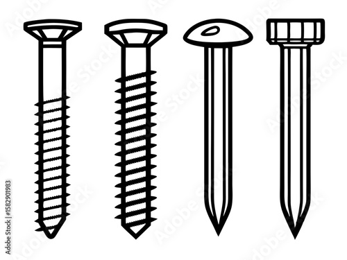 Illustration of four different types of screws and nails on a white background