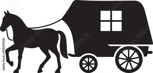 Wooden covered wagon silhouette with horse, covered wagon silhouette, vector illustration