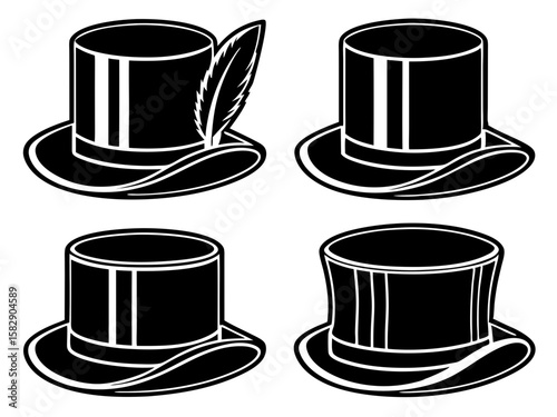 Collection of black and white top hats with feather detail