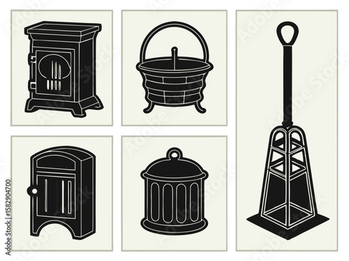 Vintage hearth and home accessories stove cauldron fireplace tools and lanterns