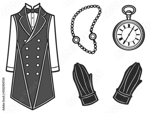 Vintage gentleman s attire featuring a tailcoat pocket watch and accessories