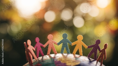 Colorful paper cutouts of people stand together on a globe showing unity and global community