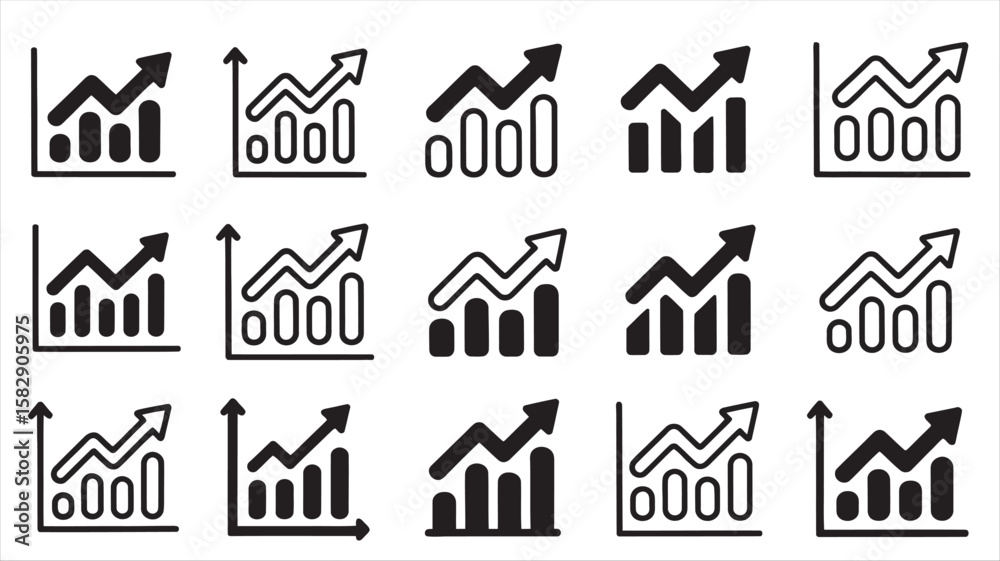 Fototapeta premium Business Growth Chart Icon Set Showing Upward Trend Graph Vector Illustration