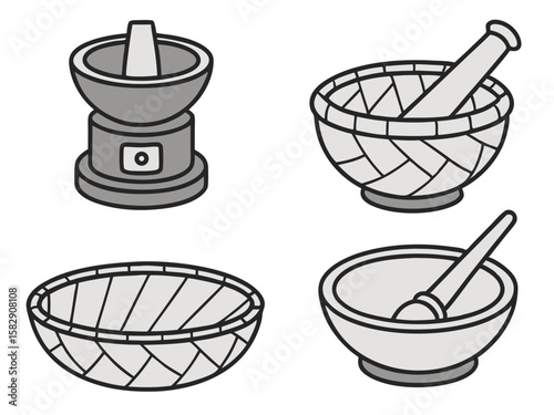 Collection of four stylized mortar and pestle sets and bowls