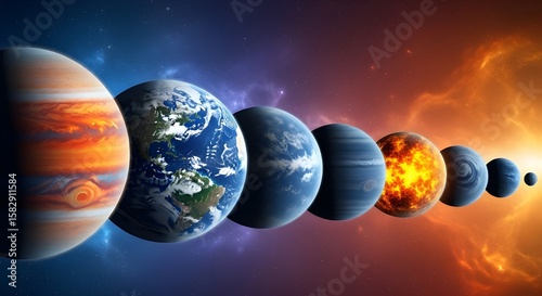 Solar system planets aligned in a row illustration