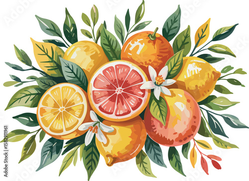 watercolor illustration of assorted citrus fruits