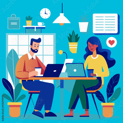 Diverse colleagues collaborating on laptops in a bright modern office space