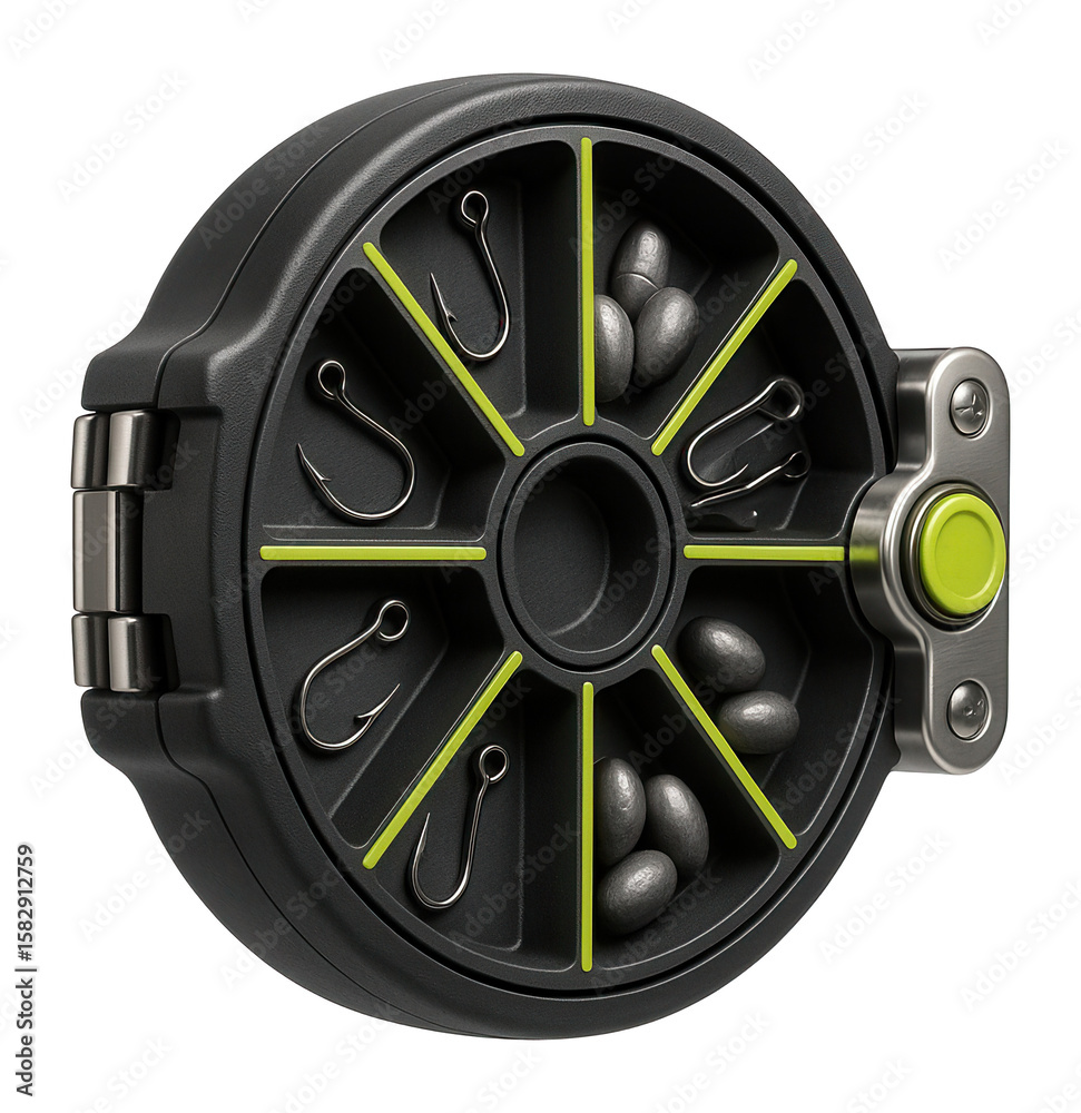Obraz premium Round tackle box with 360-degree rotation for quick access to hooks and sinkers