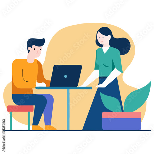Two people collaborating on a laptop in a modern office setting