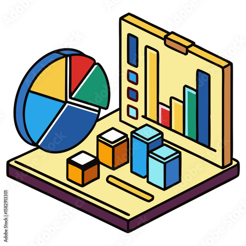 Isometric illustration of financial data analysis with charts and graphs
