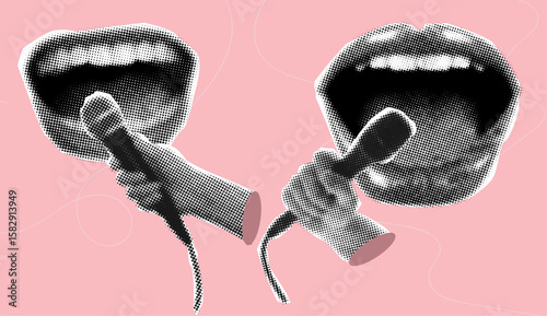 Collage art the halftone hand with the microphone and singing mouth on pink background 