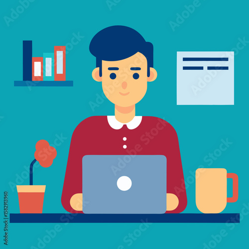 Young person working on a laptop with office supplies and a plant