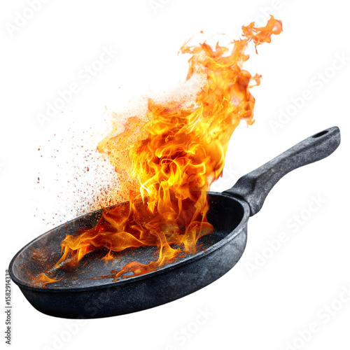 A fiery explosion of flames erupting from a frying pan in a kitchen setting, emphasizing cooking intensity
