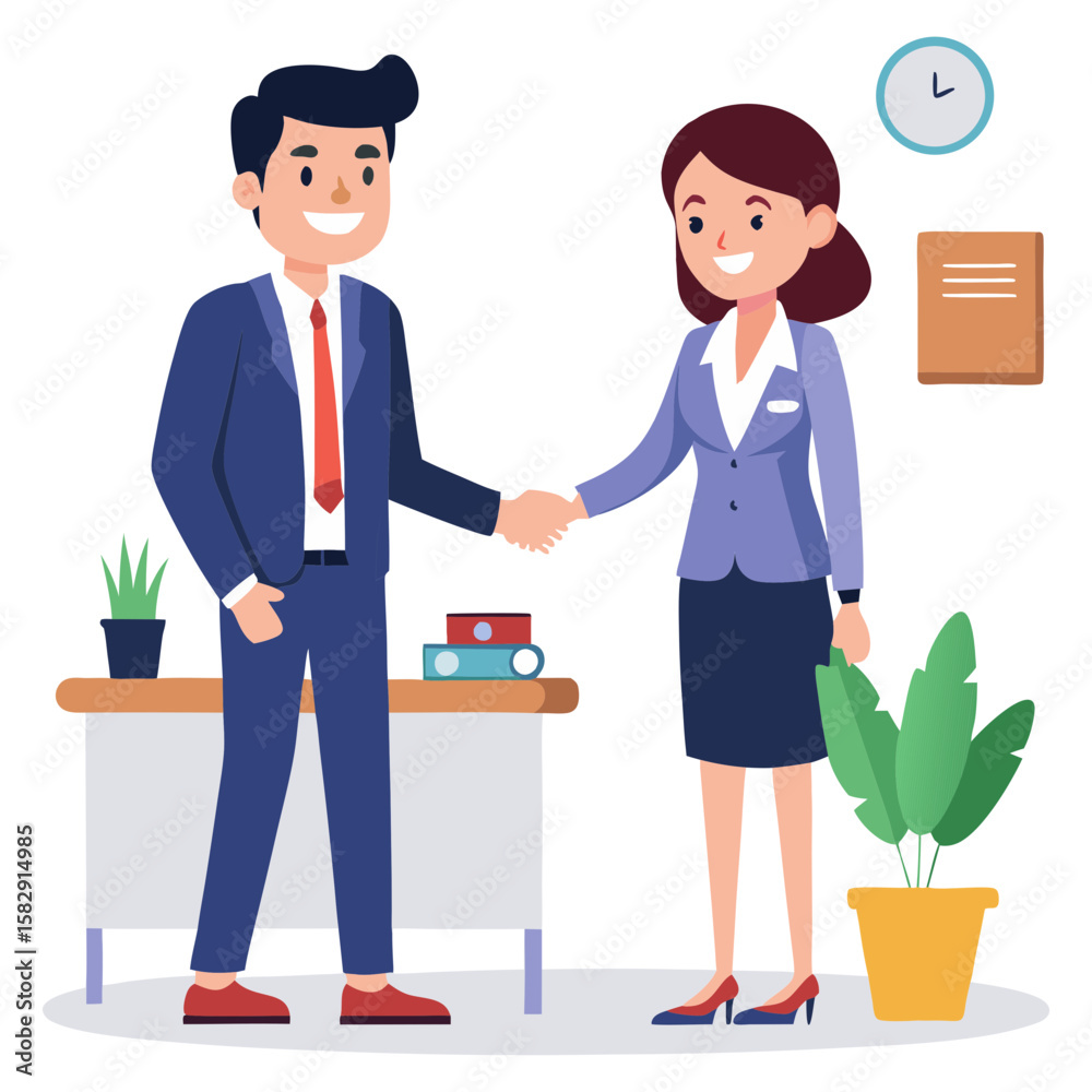 Fototapeta premium Two professionals shaking hands in an office setting with a clock and plants
