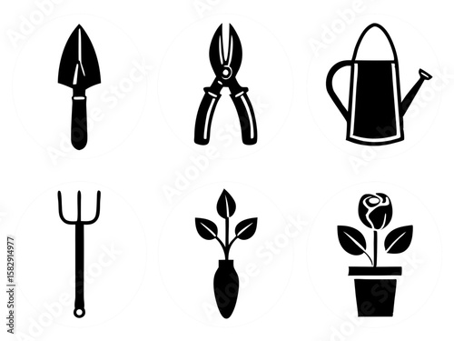 Collection of six black and white gardening icons on a dark background
