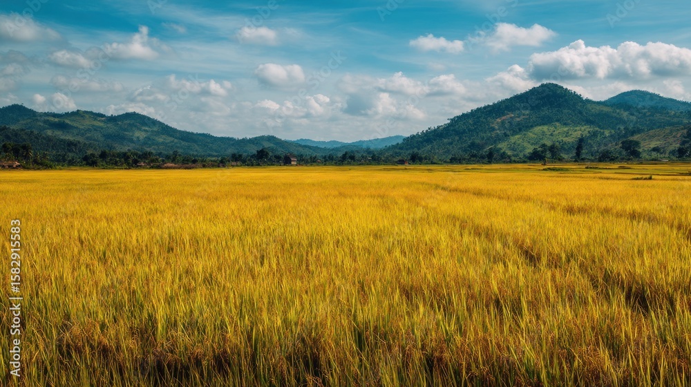 Fototapeta premium Golden rice paddy field stretches towards distant mountains under a partly cloudy sky. Lush, vibrant landscape