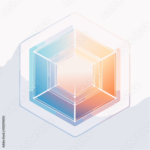 Abstract geometric design, a translucent hexagon with gradient colors and intricate lines.