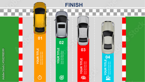 Racing Track Infographic Template – 4-Lane Competition Slide for PowerPoint with Cars and Finish Line