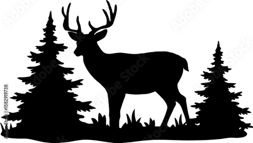 Silhouette of a deer standing between two pine trees in a forest landscape, creating a nature scene