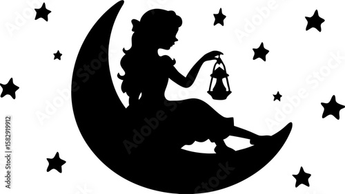 Silhouette of a girl sitting on crescent moon holding a lantern surrounded by stars at night time