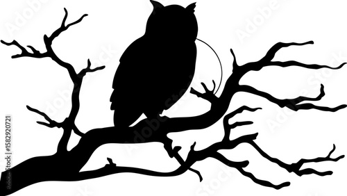 Silhouette of an owl perched on a bare branch with a partial moon visible in the background at nighttime