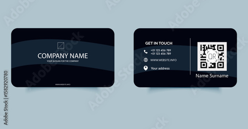 Elegant dark blue business card template with curved shapes, QR code, contact icons, and modern layout. Suitable for corporate branding and professional identity.