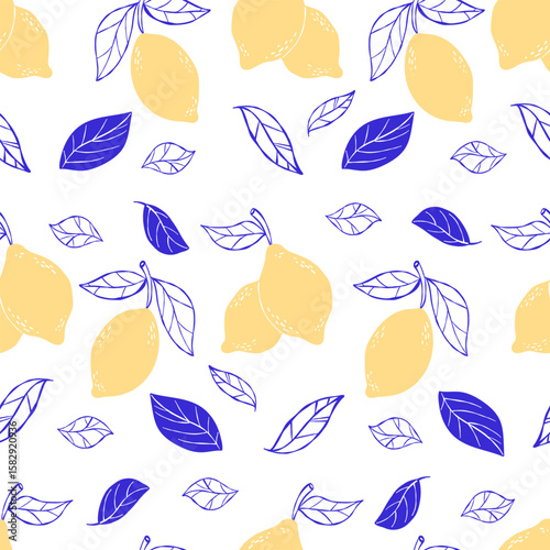 Dolce vita aesthetics. Hand drawn vintage seamless pattern with lemons and leaves in yellow blue colors. Citrus tropical whimsical fruits sketch. Summer abstract design background. Not AI